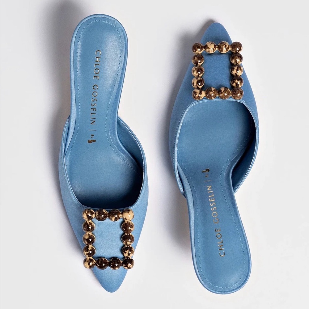 Chloe Gosselin by Larroude Ava Blue Satin Mules Size 8.5
